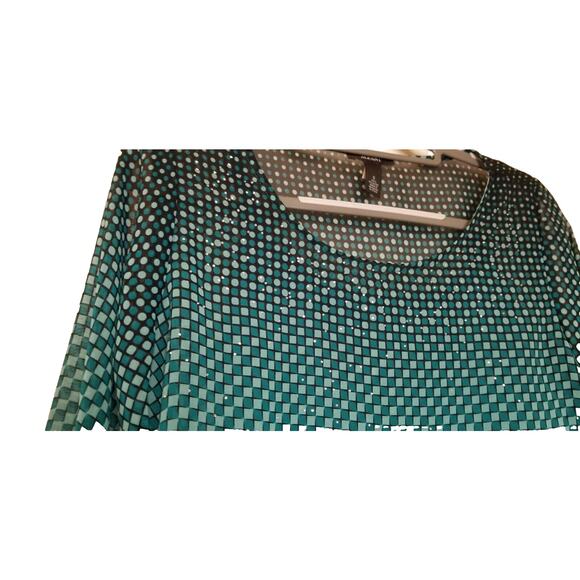 Alfani Printed Kimono-Sleeve Bubble-Hem Blouse (Squares & Circles Teal) Top Sz S - Picture 3 of 8